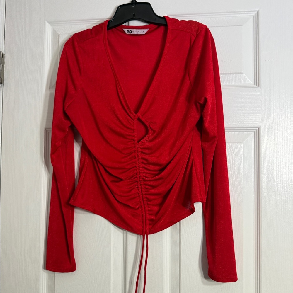 SO Vibrant Red Long-Sleeve V-Neck Ruched Top